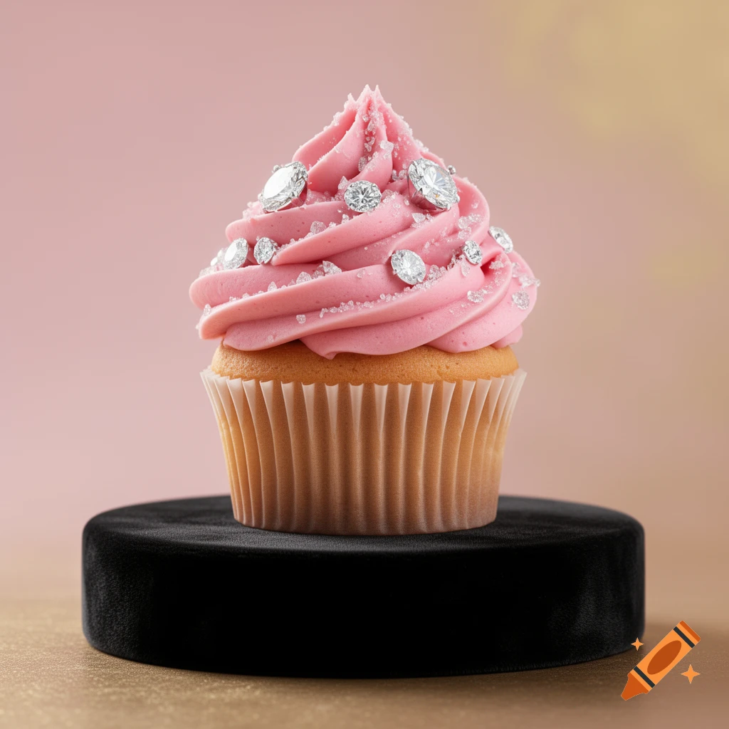 A hyper-realistic pink cupcake with rose-colored frosting, sprinkled with diamond dust and sparkling diamonds, on a black velvet pedestal.