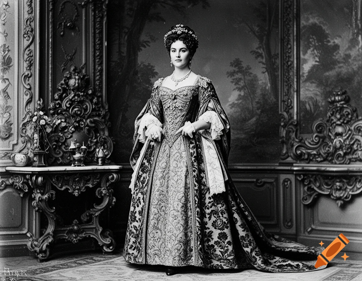 Black and white portrait of a woman in an ornate historical gown, standing in a lavish room with decorative furniture and a painted wall mural.