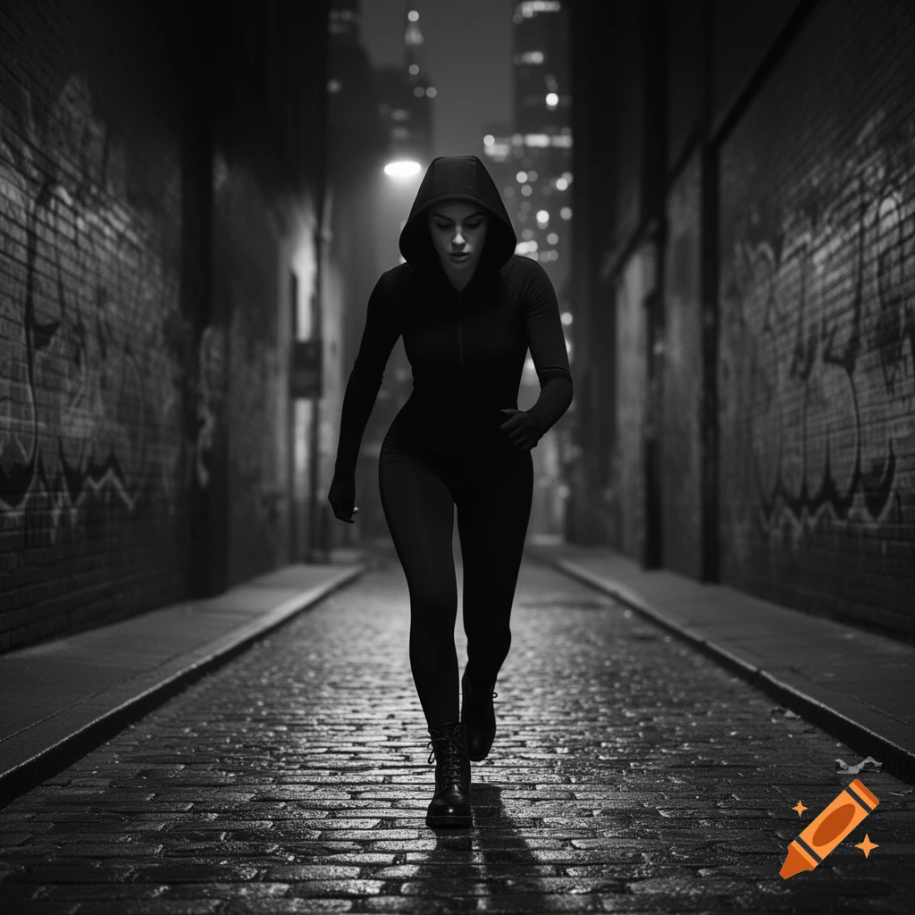 A woman in a hooded outfit and leather boots walks down a dark, wet cobblestone alley at night. Black and white.