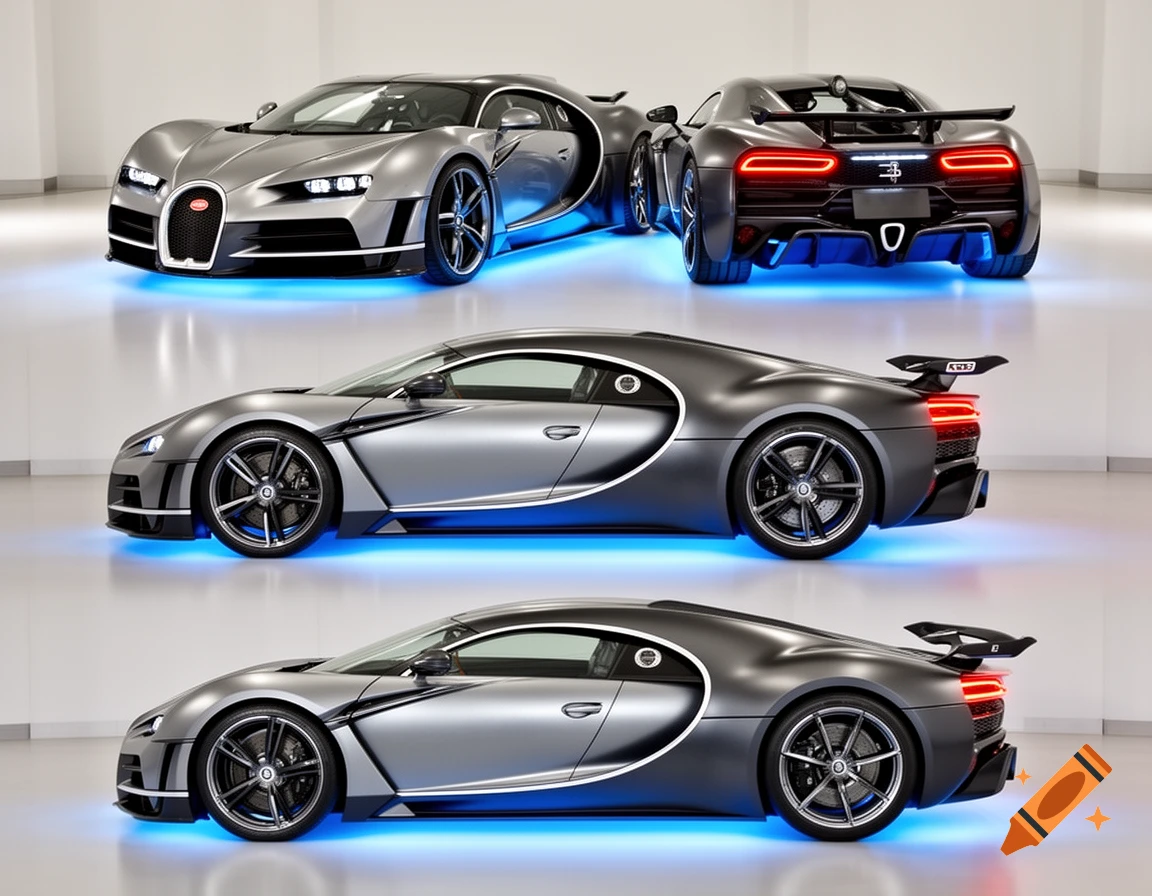 Multiple views of a sleek silver and grey hypercar with a glowing blue underglow in a white studio. Shows front, rear, and side profiles of the car.