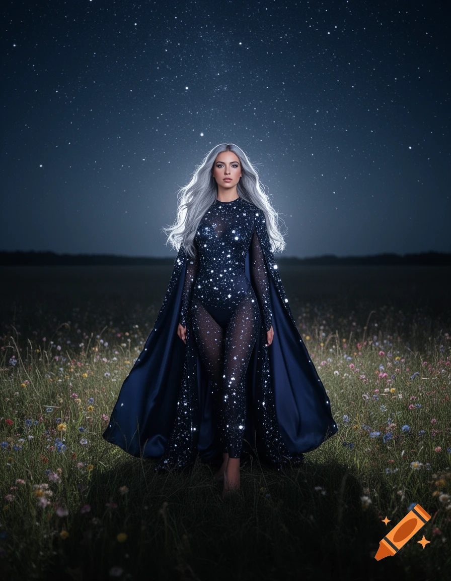 A woman in a sparkling star-patterned bodysuit and cape with silver hair walks through a wildflower field under a starry night.