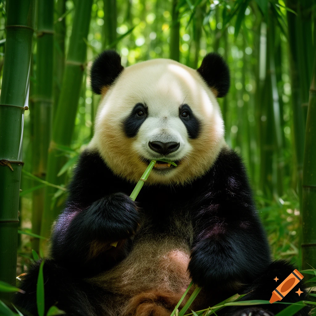 A photorealistic giant panda sits in a lush bamboo forest, happily munching on a green bamboo stick.