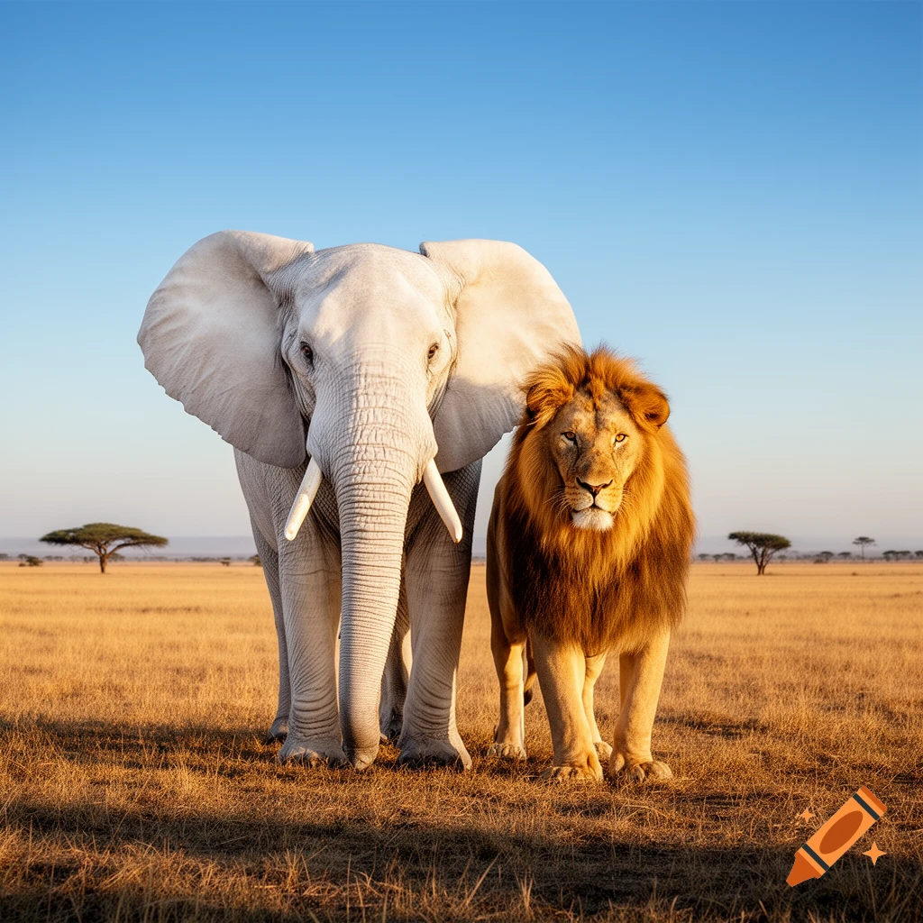 A large white elephant and a majestic lion standing side-by-side in a golden savanna under a clear blue sky, photorealistic.