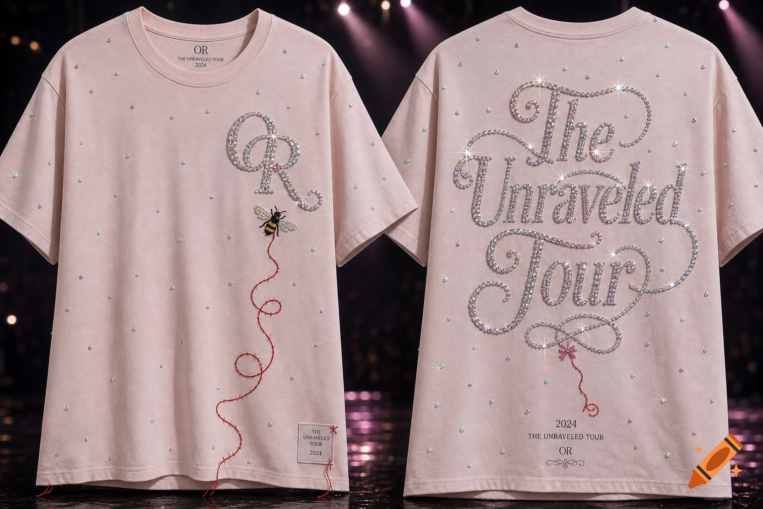 Two light pink t-shirts, one front and one back. The front has 'OR' in rhinestones and a bee with red thread. The back says 'The Unraveled Tour' in rhinestones. Both shirts have scattered rhinestones and tour details.