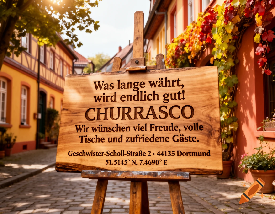 A wooden sign on an easel on a cobblestone street, displaying German text about a Churrasco restaurant. Old European buildings with vibrant foliage are in the sunlit background.