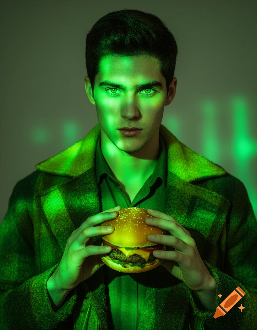 A man with green eyes and green light on his face, wearing a green coat, holds a cheeseburger. Photorealistic style.