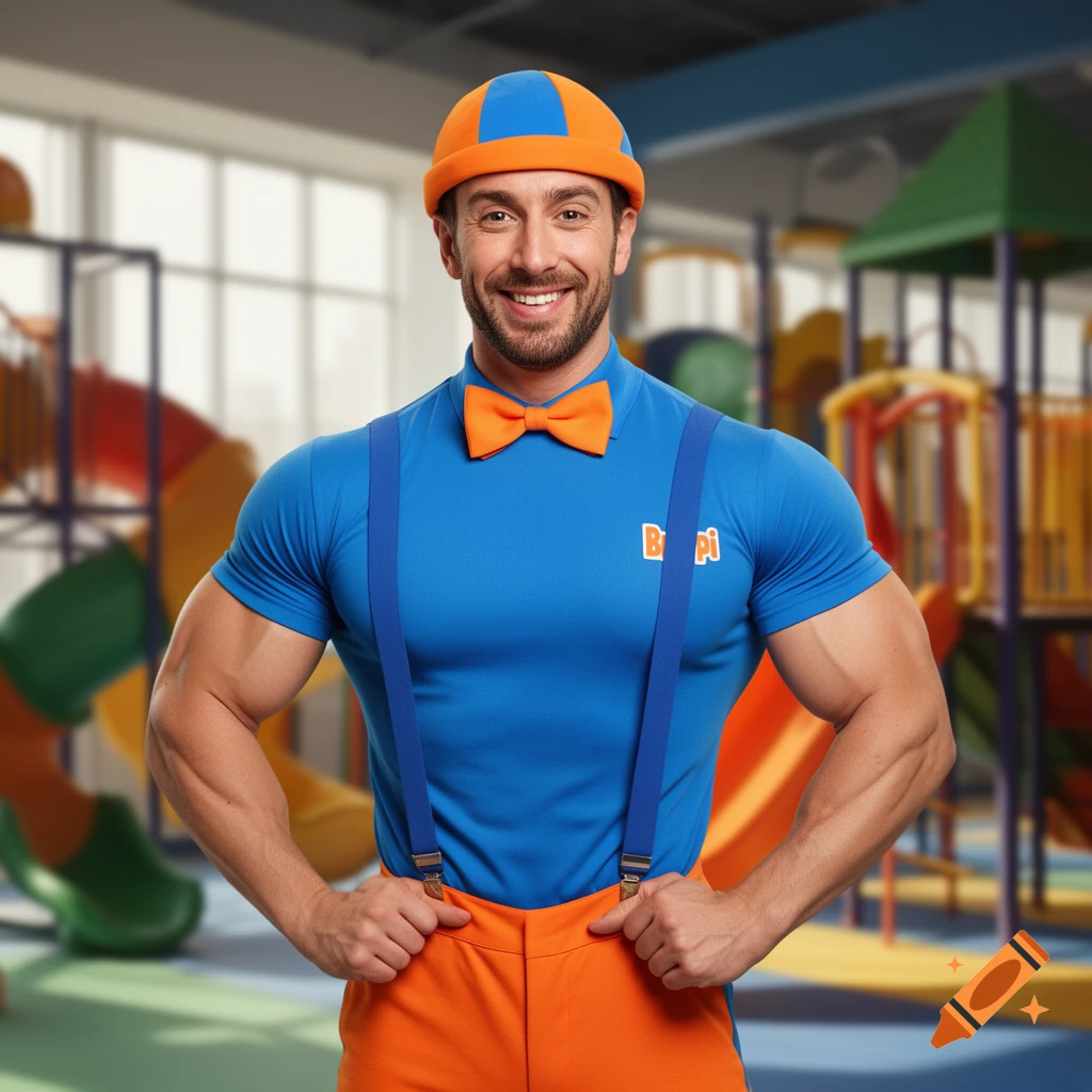A muscular man dressed as Blippi, wearing a blue shirt, orange suspenders, and an orange and blue hat, smiles in an indoor playground.
