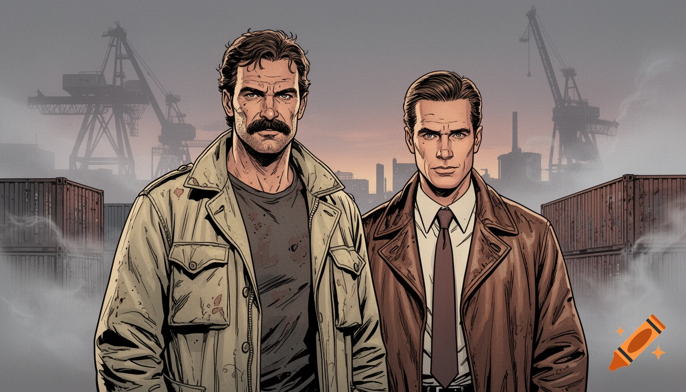 Stylized 1980s comic illustration of two gritty male detectives in a foggy industrial harbor at twilight with cranes and containers.