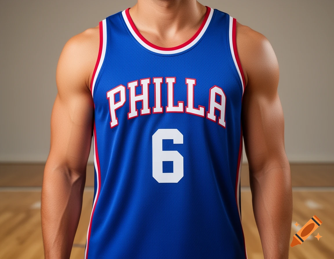 Close-up of a person's torso wearing a blue basketball jersey with 'PHILLA' and '6' in white and red lettering. Photorealistic style.