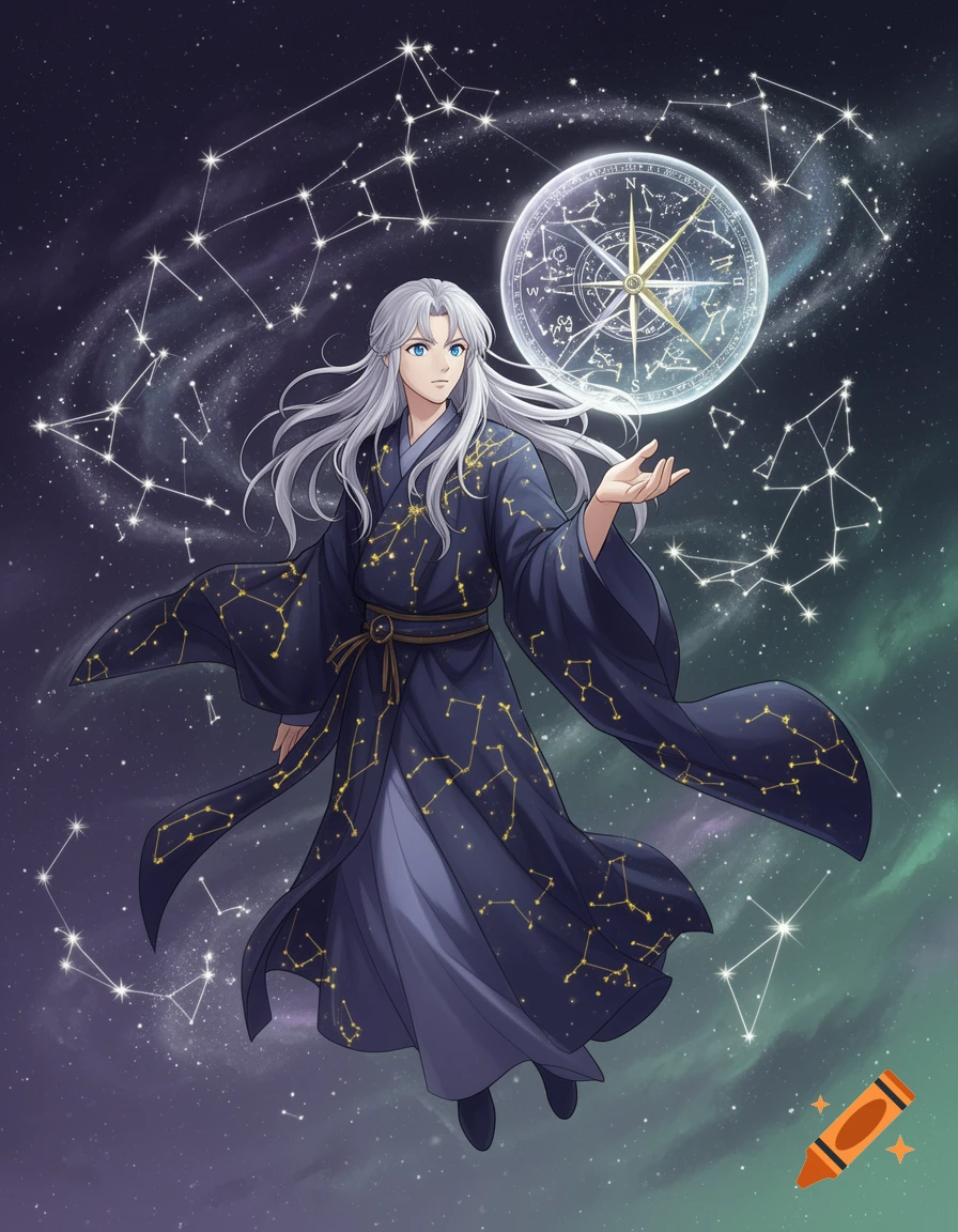Anime character with long silver hair in a constellation-patterned robe, holding a glowing celestial compass amidst stars and nebulae.