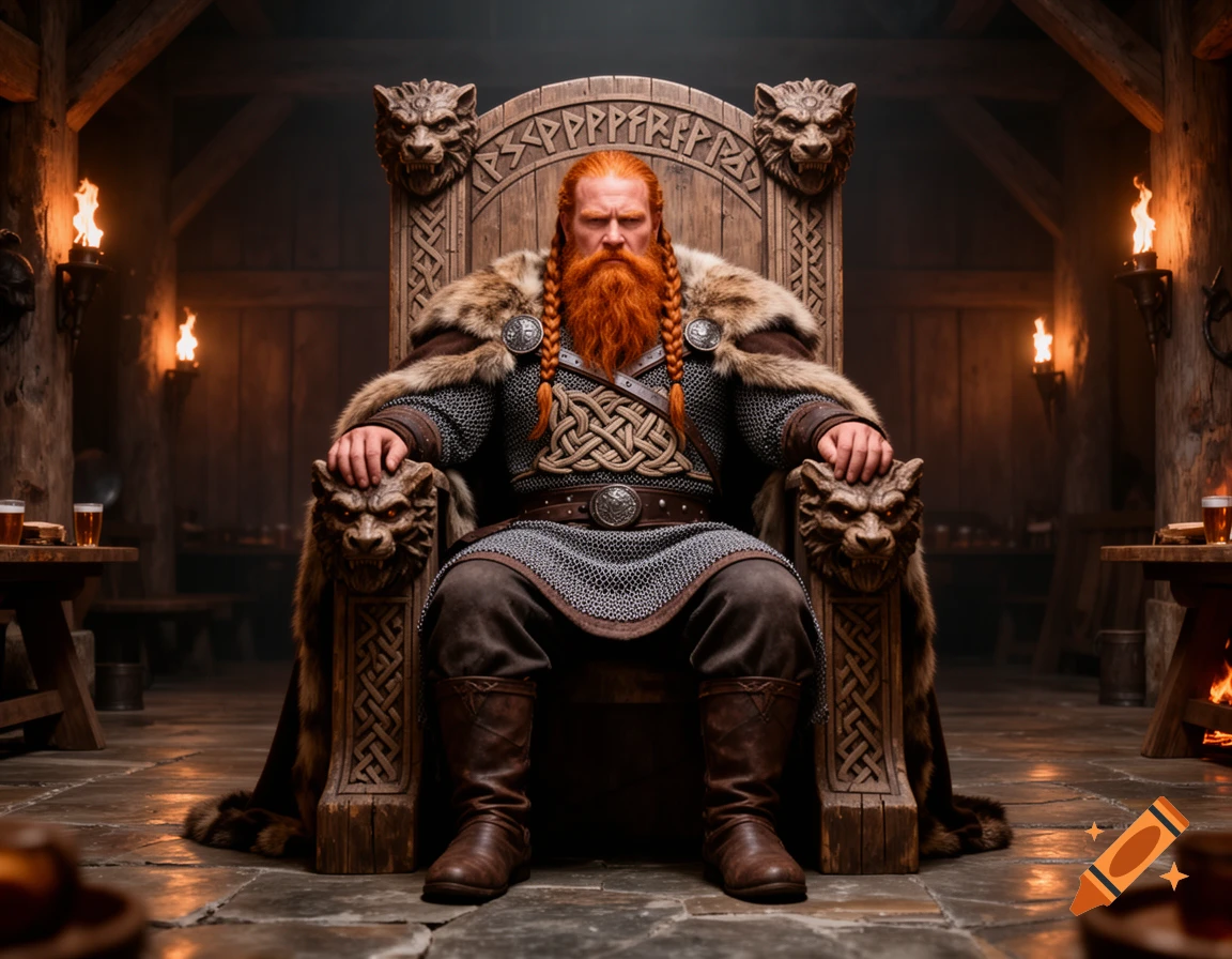 A photorealistic image of a strong, red-bearded Norseman in chainmail and fur, sitting on an ornate wooden throne in a torch-lit hall.