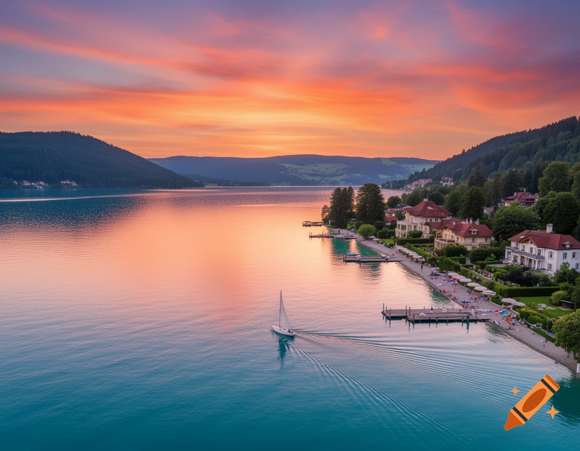 Photorealistic aerial view of a lake with a sailboat, surrounded by mountains and houses along the shore, under a vibrant orange and purple sunset.
