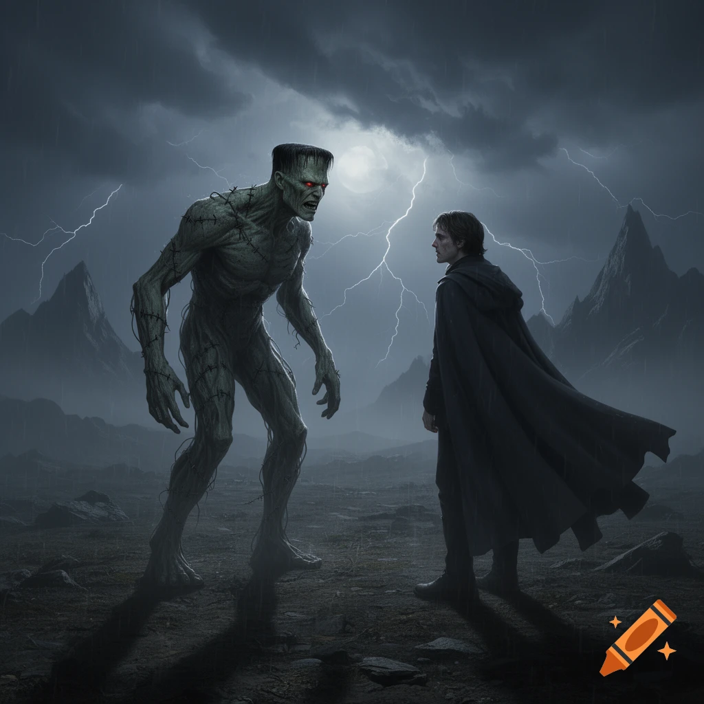 Frankenstein's monster, green and stitched, stands opposite a man in a dark cloak under a stormy, lightning-filled sky in a barren landscape.
