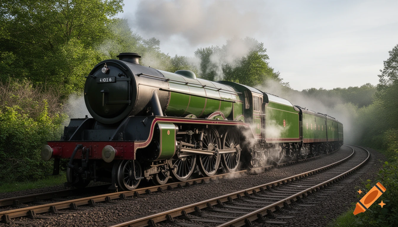 A photorealistic image of a green and black British steam train with burgundy stripes, emitting steam as it moves on a curved track through a forest.