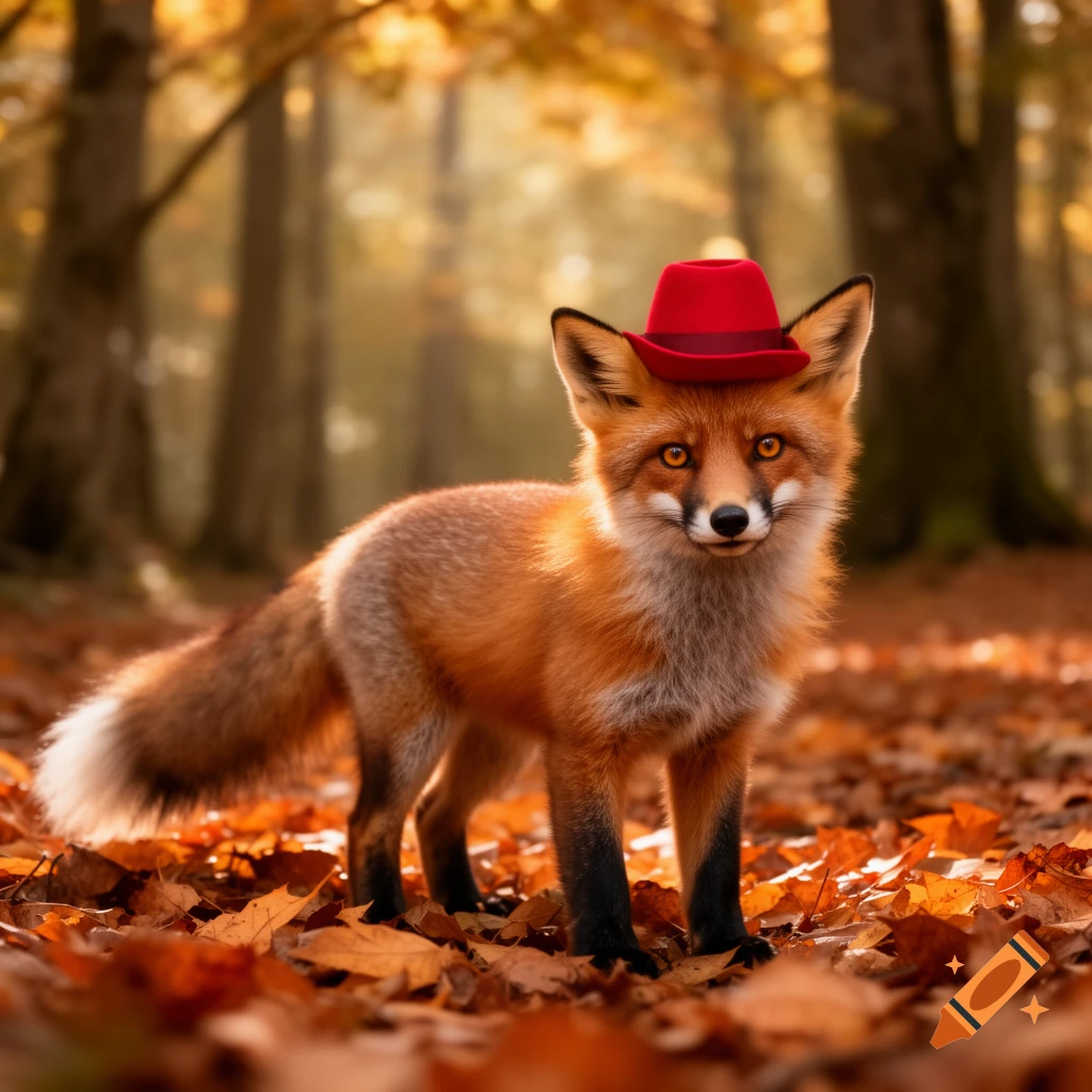 A photorealistic fox with a red hat stands in a sunlit autumn forest covered in fallen leaves.