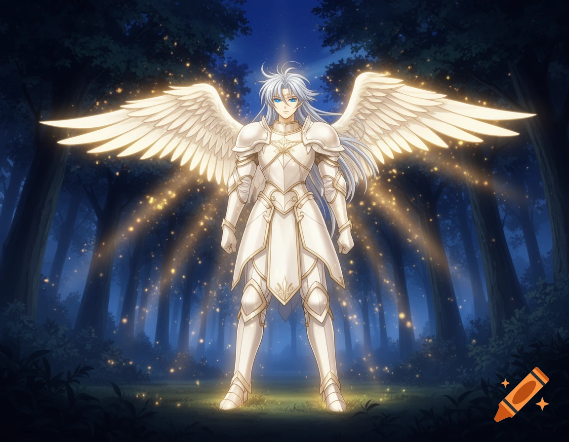 An anime-style Archangel in pearl-white armor with large wings stands in a dark forest at night, emanating golden light.