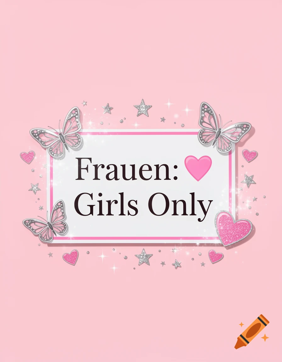 A pink sign with 'Frauen: Girls Only' text, adorned with glittery silver butterflies, stars, and pink hearts on a light pink background.