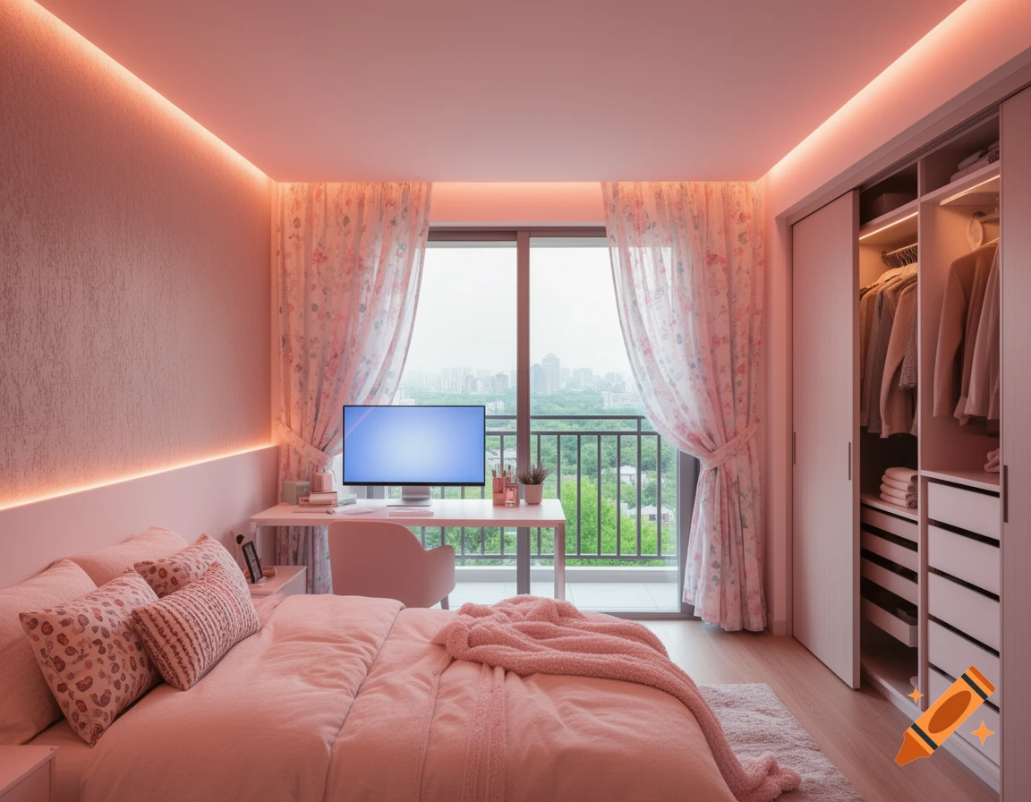 A photorealistic pink bedroom with LED lighting, a bed, a desk with a monitor, a walk-in closet, floral curtains, and a city view from the balcony.