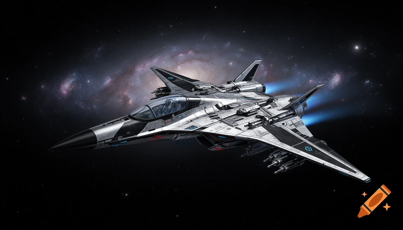 A detailed, futuristic silver and black space fighter with blue thrusters flies through space with a galaxy in the background.