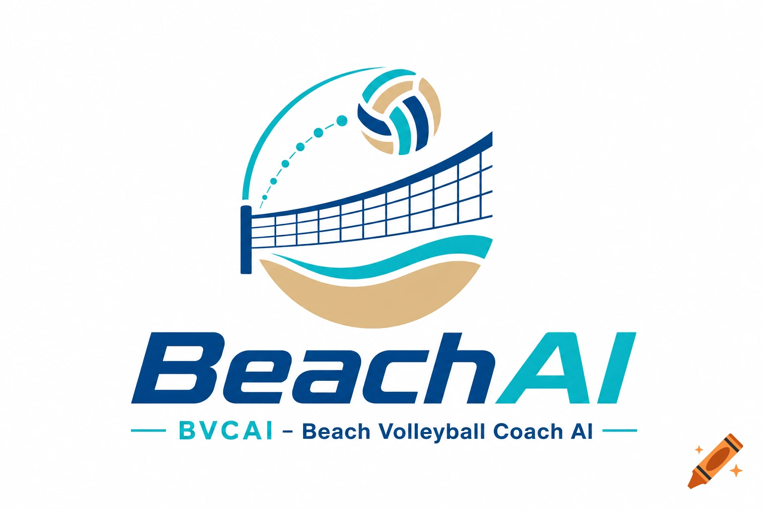 A modern logo for BeachAI features a stylized beach volleyball net with a ball arcing over it, framed by sand and ocean waves. The text "BeachAI" is prominent, with "BVCAI - Beach Volleyball Coach AI" below.