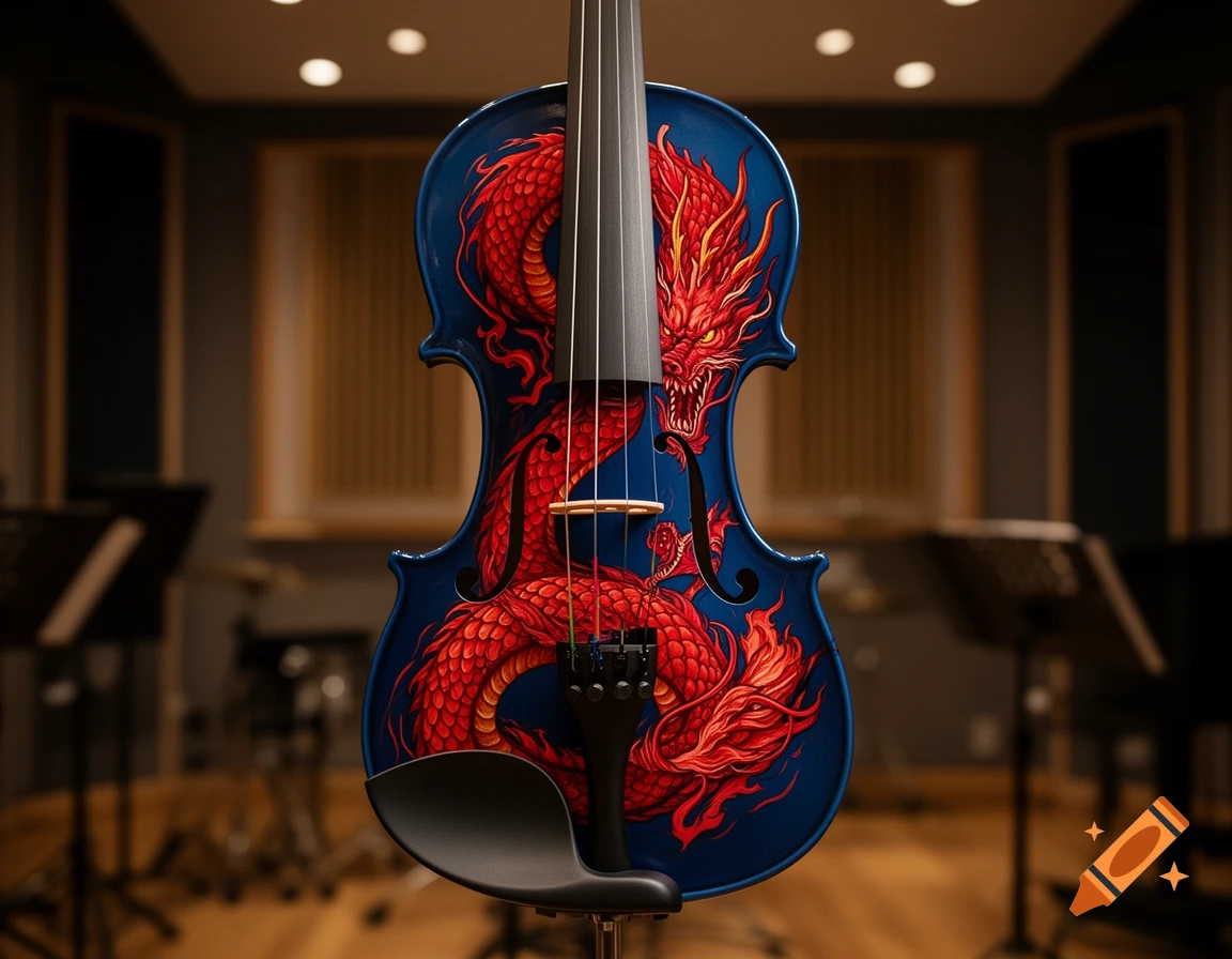 A dark blue violin with a ferocious red dragon painted on its body, standing in a music studio.