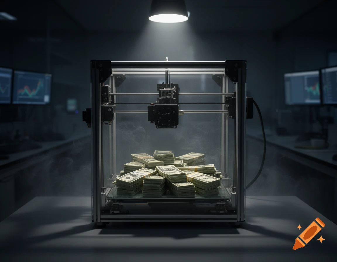 A spotlight shines on a 3D printer filled with stacks of money in a dark, smoky tech lab, with charts on monitors in the background.