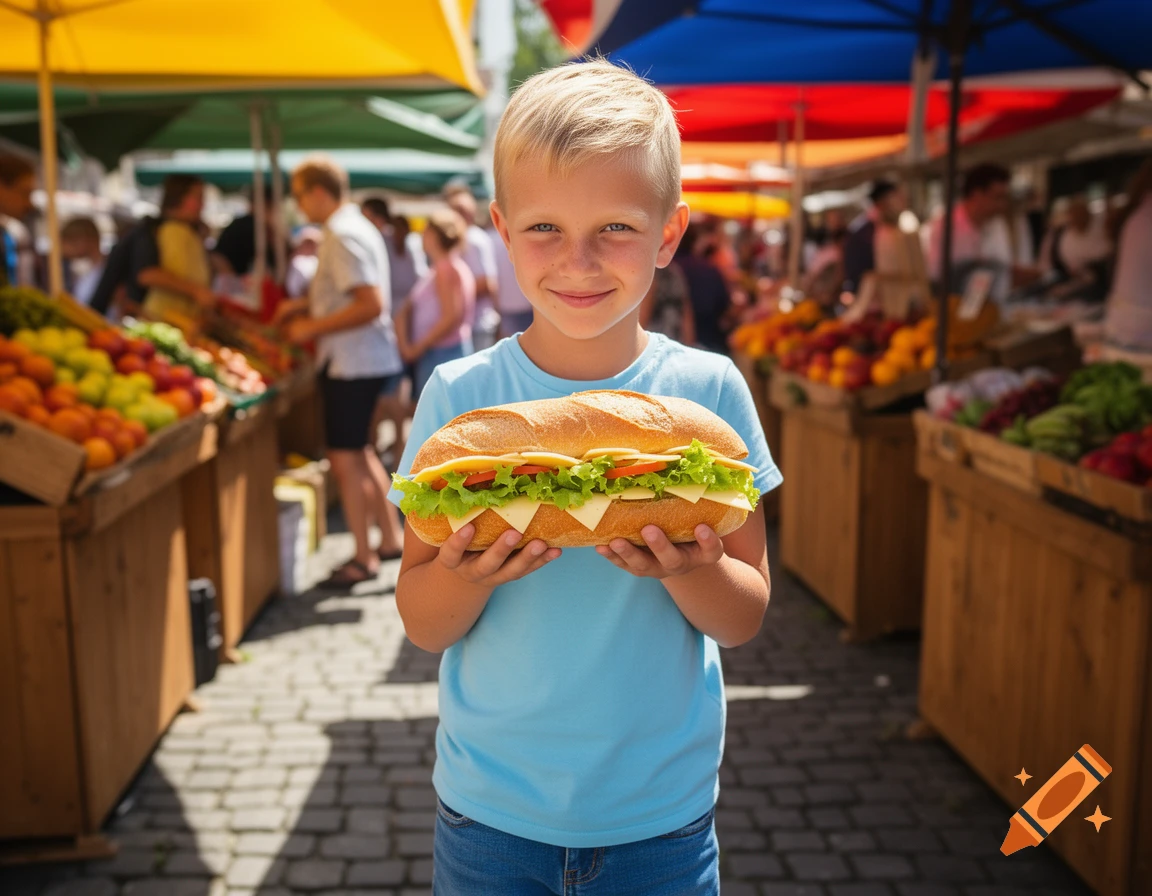 Smiling boy holds a large sandwich with lettuce and cheese at a bustling outdoor market, photorealistic.