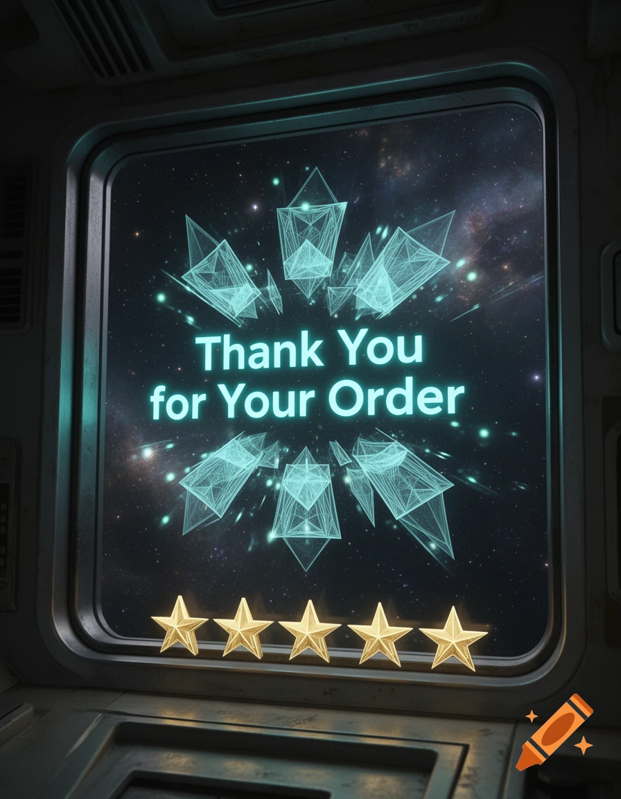 A sci-fi screen displays 'Thank You for Your Order' against a starry background, with five golden rating stars at the bottom.