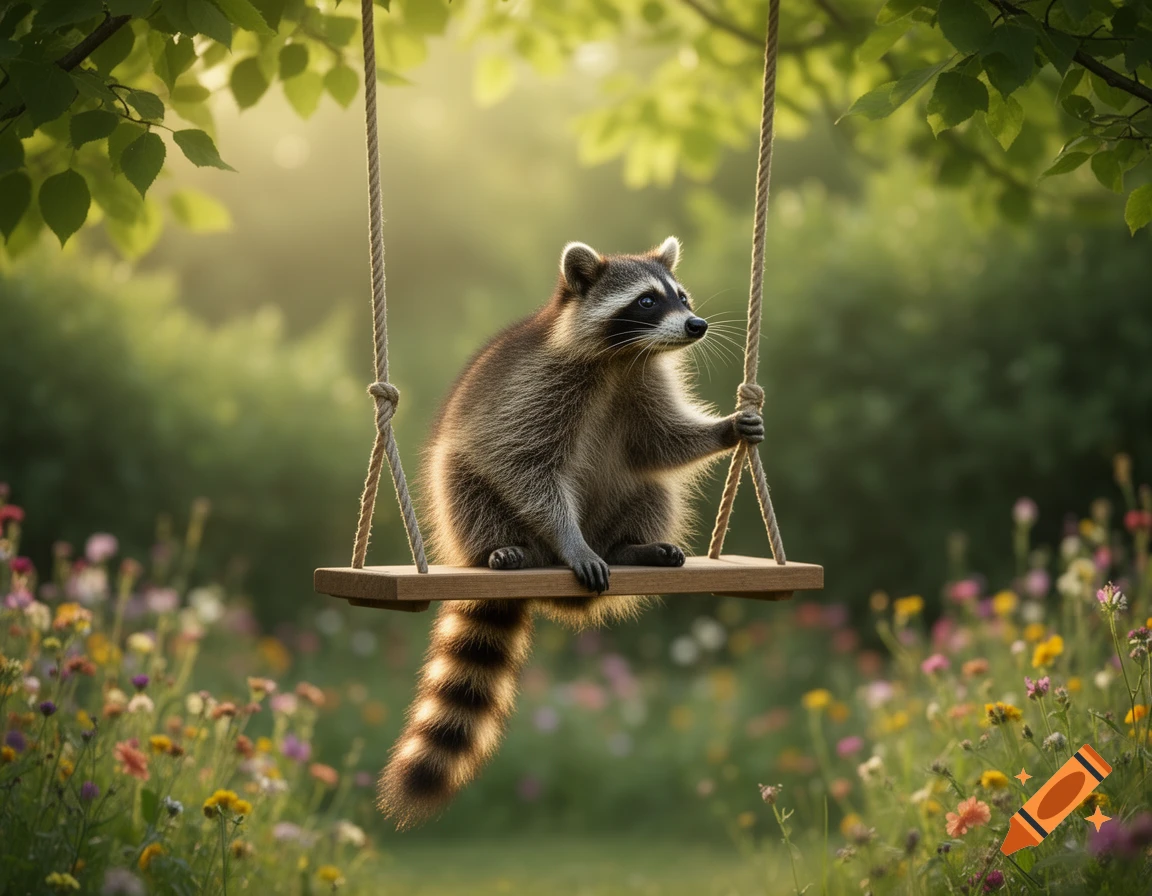 A photorealistic raccoon sits on a wooden swing, suspended from tree branches, amidst a vibrant field of wildflowers in soft golden light.
