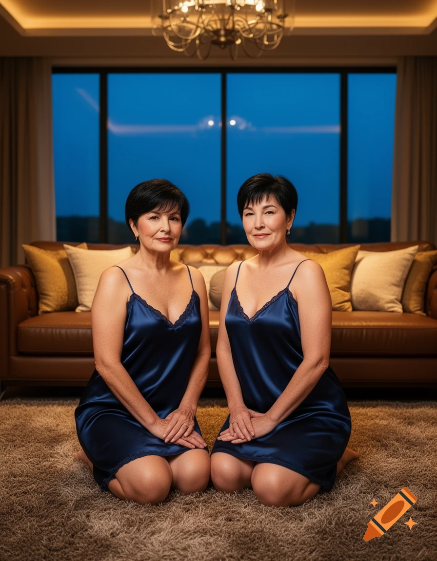 Two older women in blue satin nightgowns kneeling on a rug in a luxurious living room at evening.