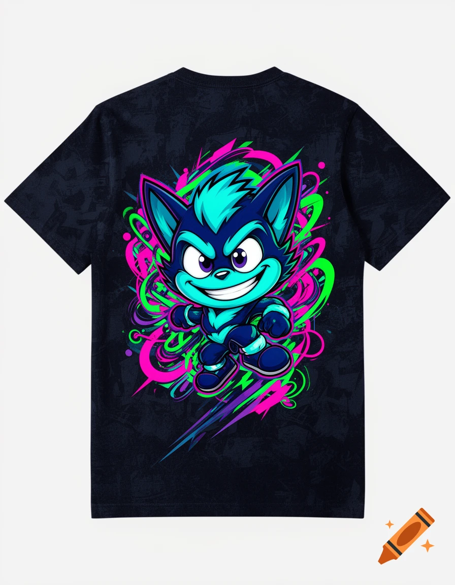 Vibrant neon blue and teal cartoon fox-like character with a wide grin on a dark t-shirt, surrounded by pink and green abstract splashes.