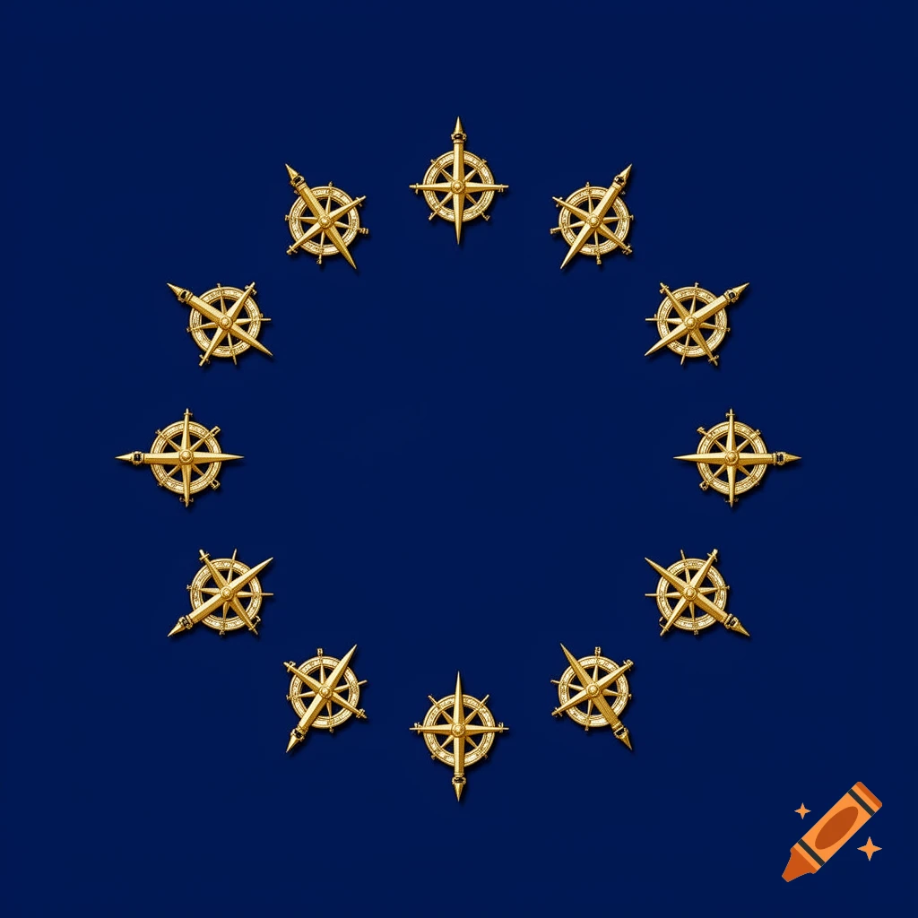 A deep blue background with twelve stylized golden compasses arranged in a perfect circle, resembling the European flag's stars.