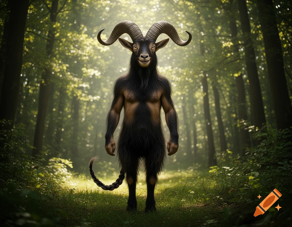 A muscular, furry goat-man with large curved horns and a braided tail stands in a sun-dappled forest.
