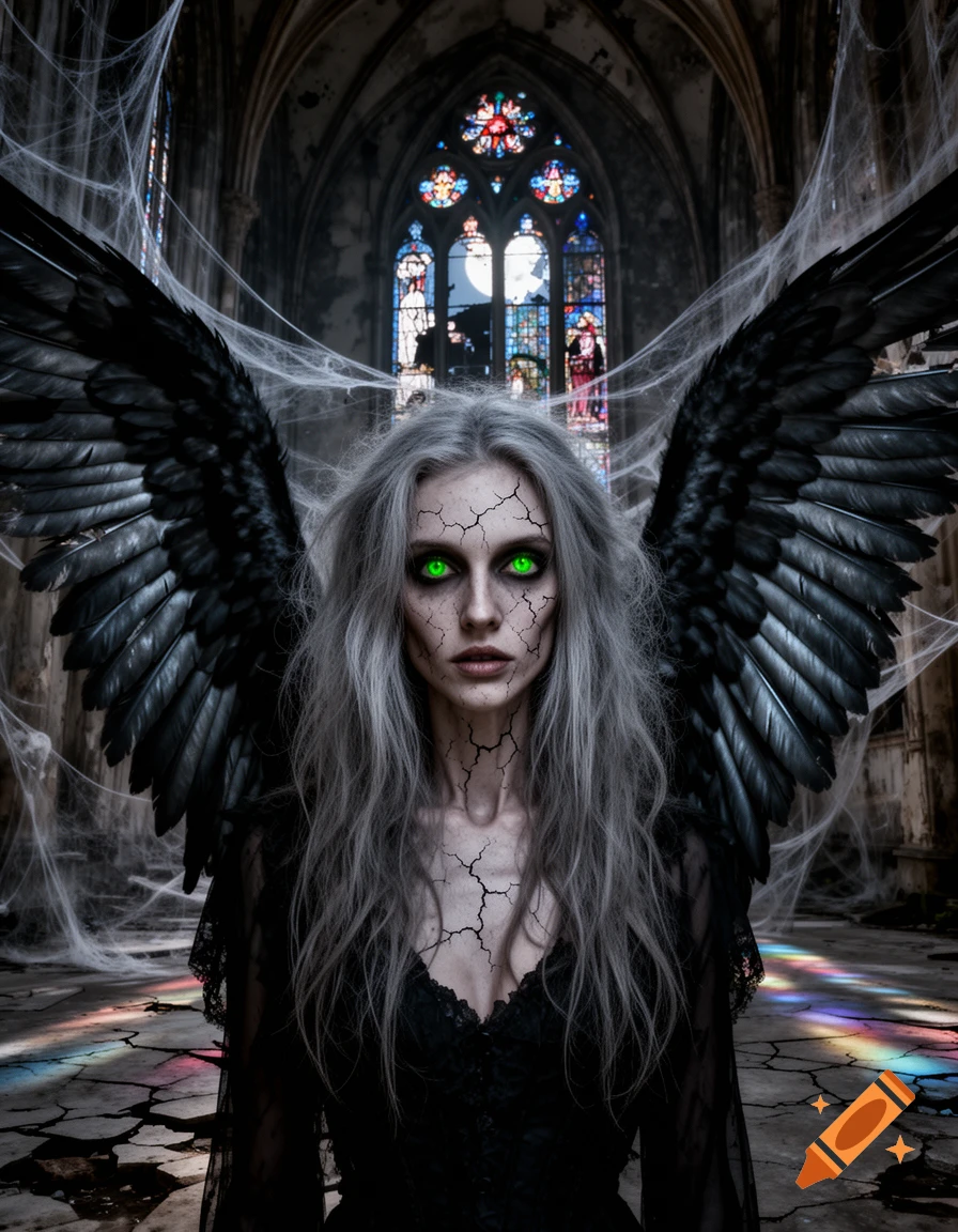 A gothic woman with glowing green eyes, cracked skin, and large black wings stands in a decaying church with stained glass windows.