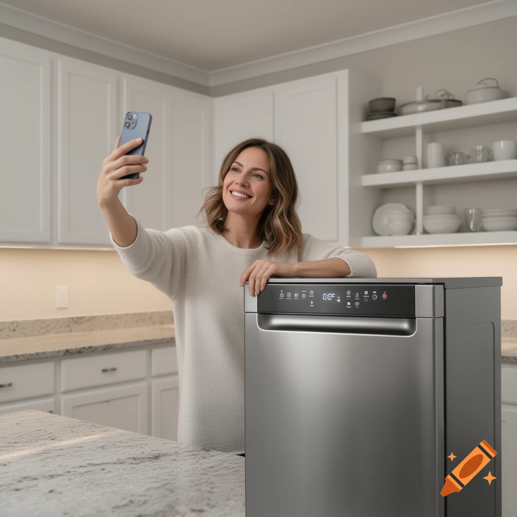 A smiling woman in a white sweater takes a selfie with a smartphone, leaning on a modern stainless steel dishwasher in a bright kitchen.