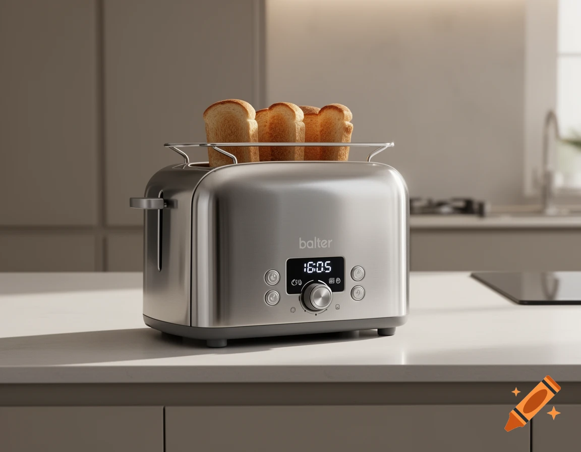 A photorealistic stainless steel Balter toaster with four slices of bread and a digital display on a modern kitchen counter.