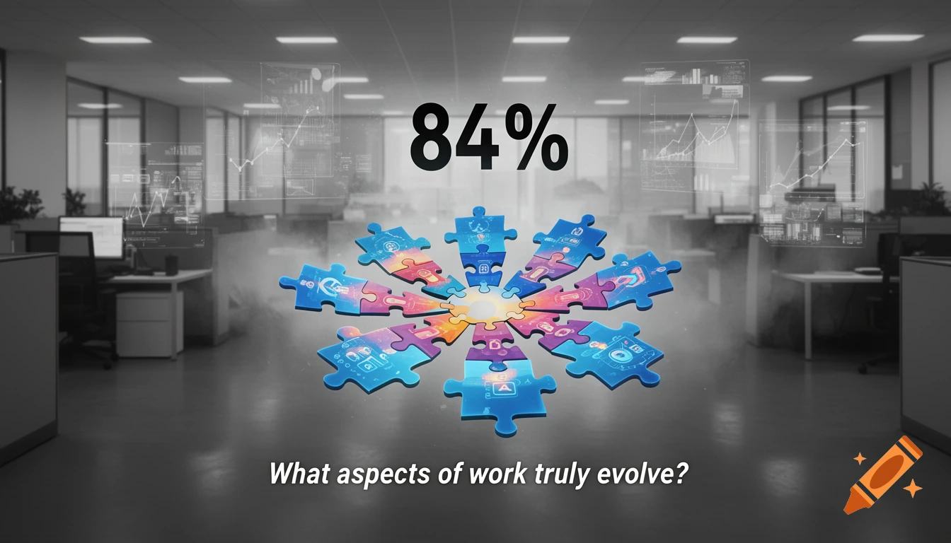 Colorful puzzle pieces with tech icons arranged in a circle, displaying '84%' and 'What aspects of work truly evolve?' in a desaturated office with data overlays.
