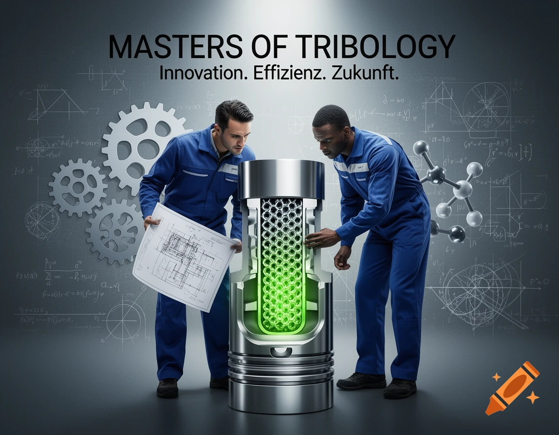 Two engineers in blue overalls examine a glowing green piston, holding blueprints. Gears and formulas in background. Text: MASTERS OF TRIBOLOGY.