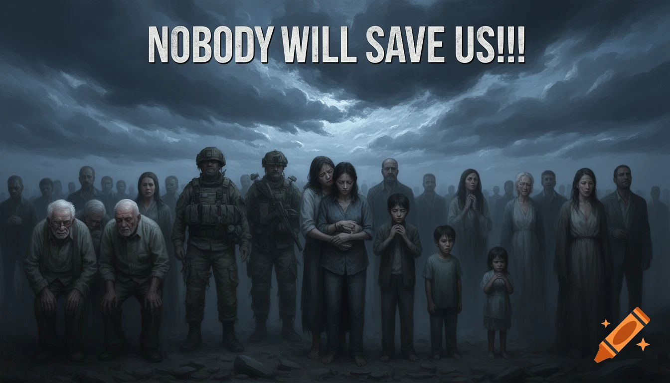A somber digital painting of distressed people, soldiers, and children under a dark, cloudy sky, with the text 'NOBODY WILL SAVE US!!!' above them.