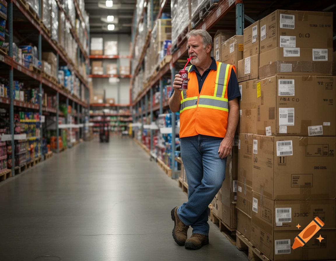 Photorealistic image of a male warehouse worker in an orange vest, drinking Dr Pepper Zero with a twizzler straw in a warehouse aisle.