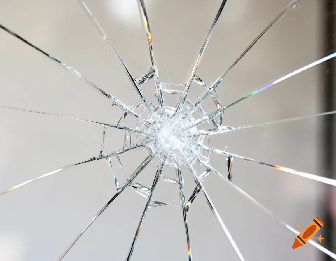 A close-up, photorealistic view of glass with a central impact point and numerous radiating cracks.