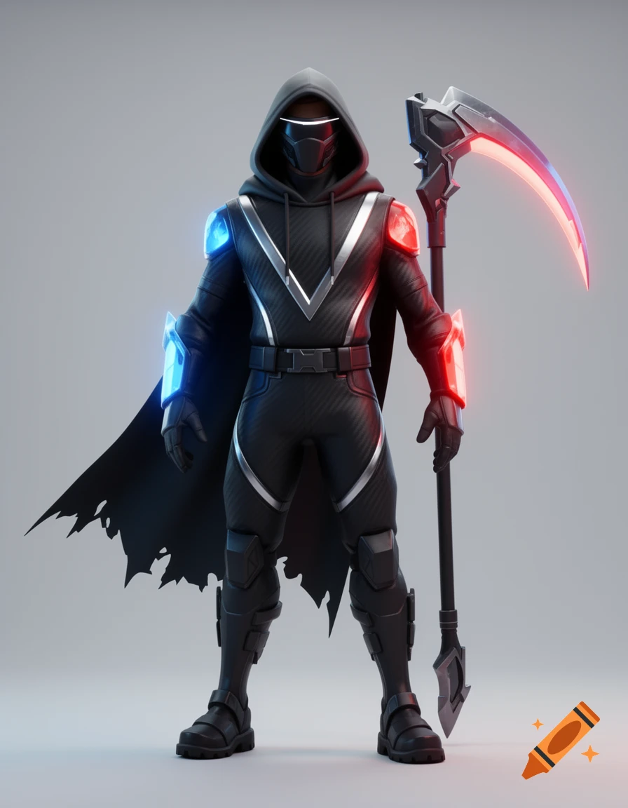 A 3D render of a futuristic hooded character in black carbon fiber armor with asymmetric neon blue and red lights, holding a glowing scythe.