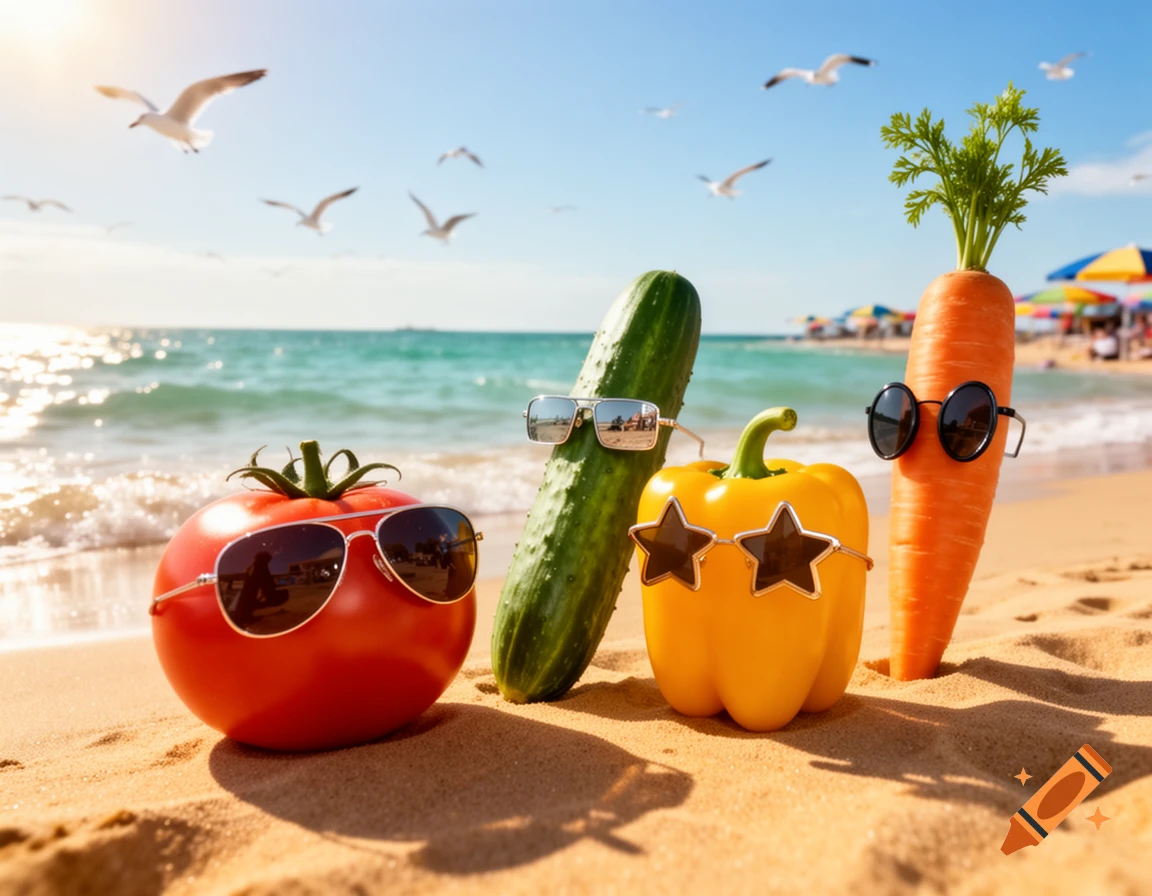 A cute tomato, cucumber, bell pepper, and carrot wearing sunglasses on a sandy beach with the ocean and seagulls.