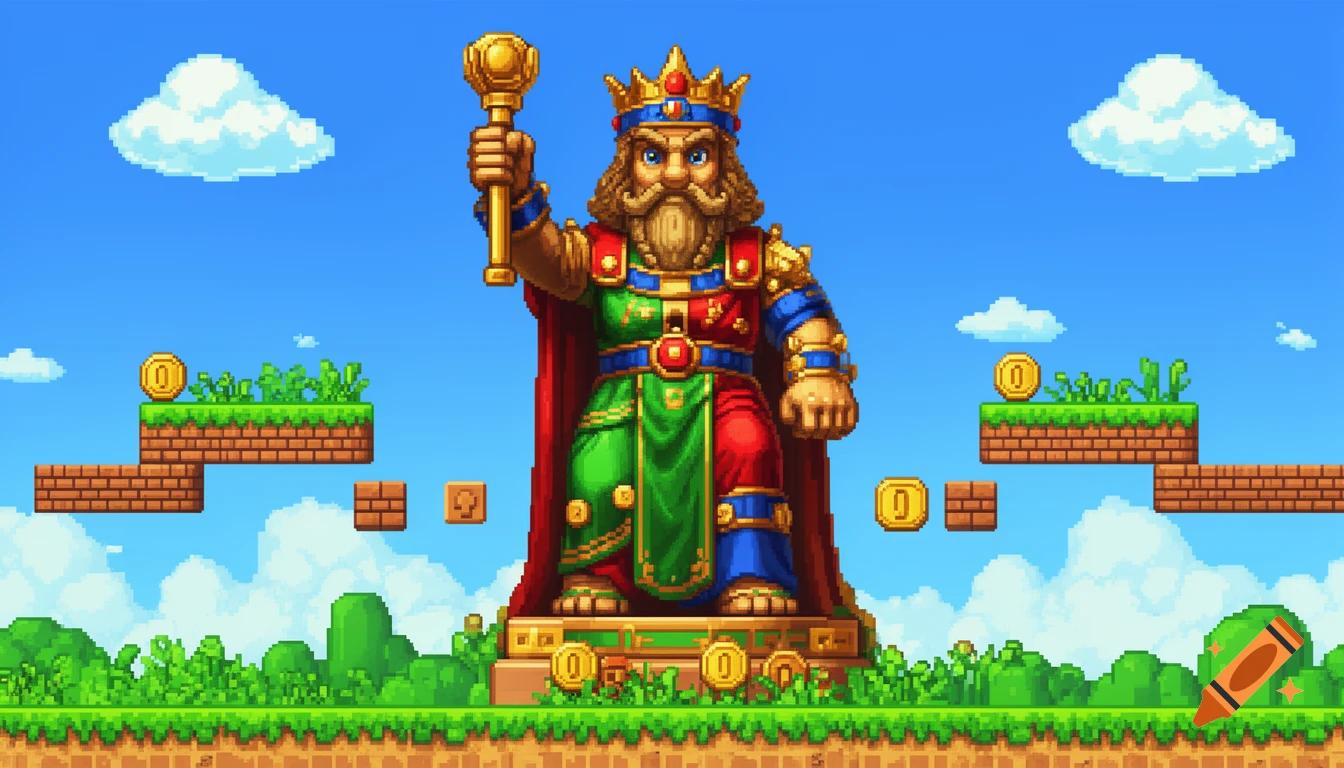 Pixel art of a large, regal king statue in Super Mario style, standing in a landscape with green hills, clouds, and floating brick platforms with gold coins.
