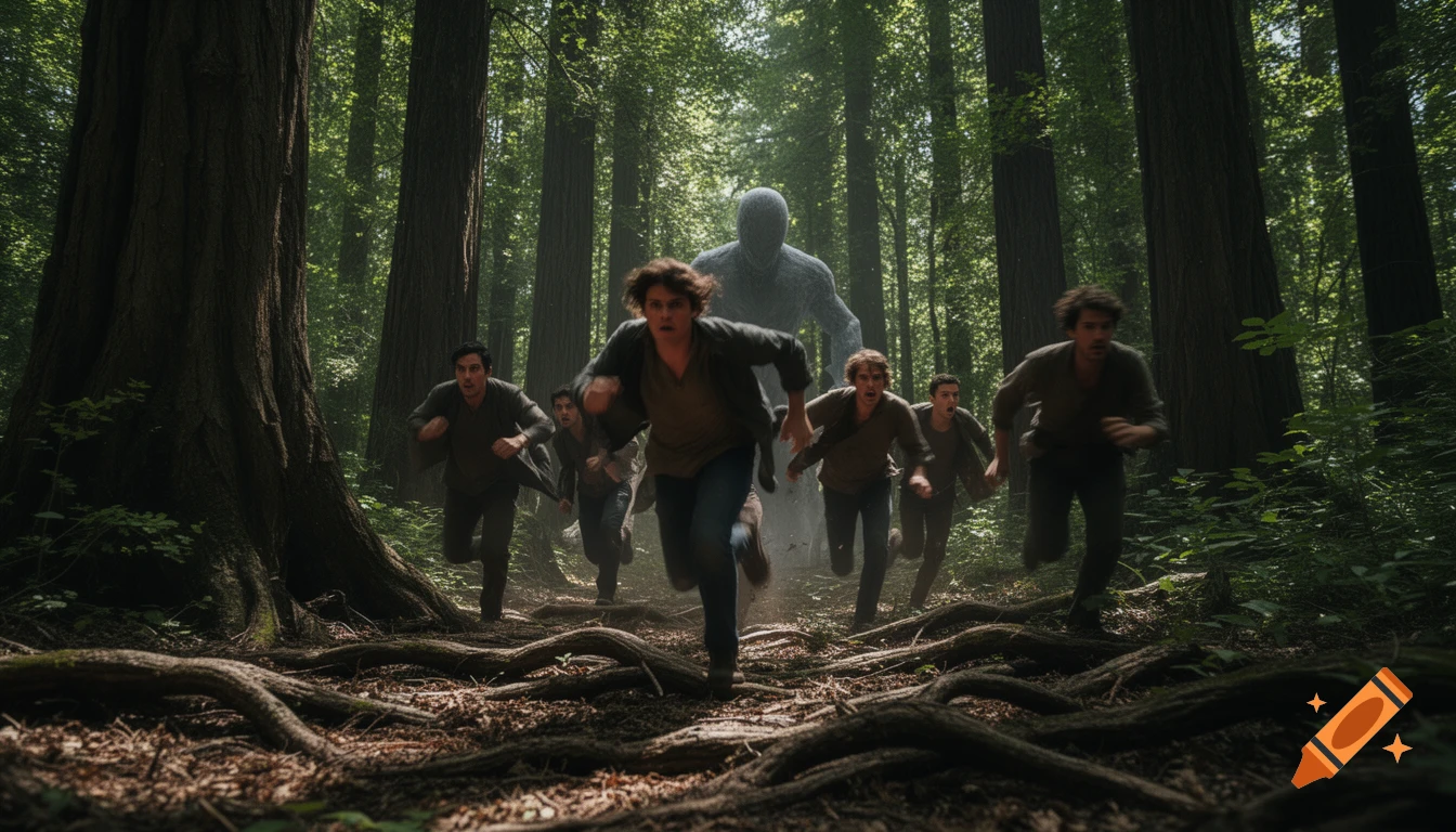 A group of people running through a dense forest, pursued by a tall, grey, faceless figure.