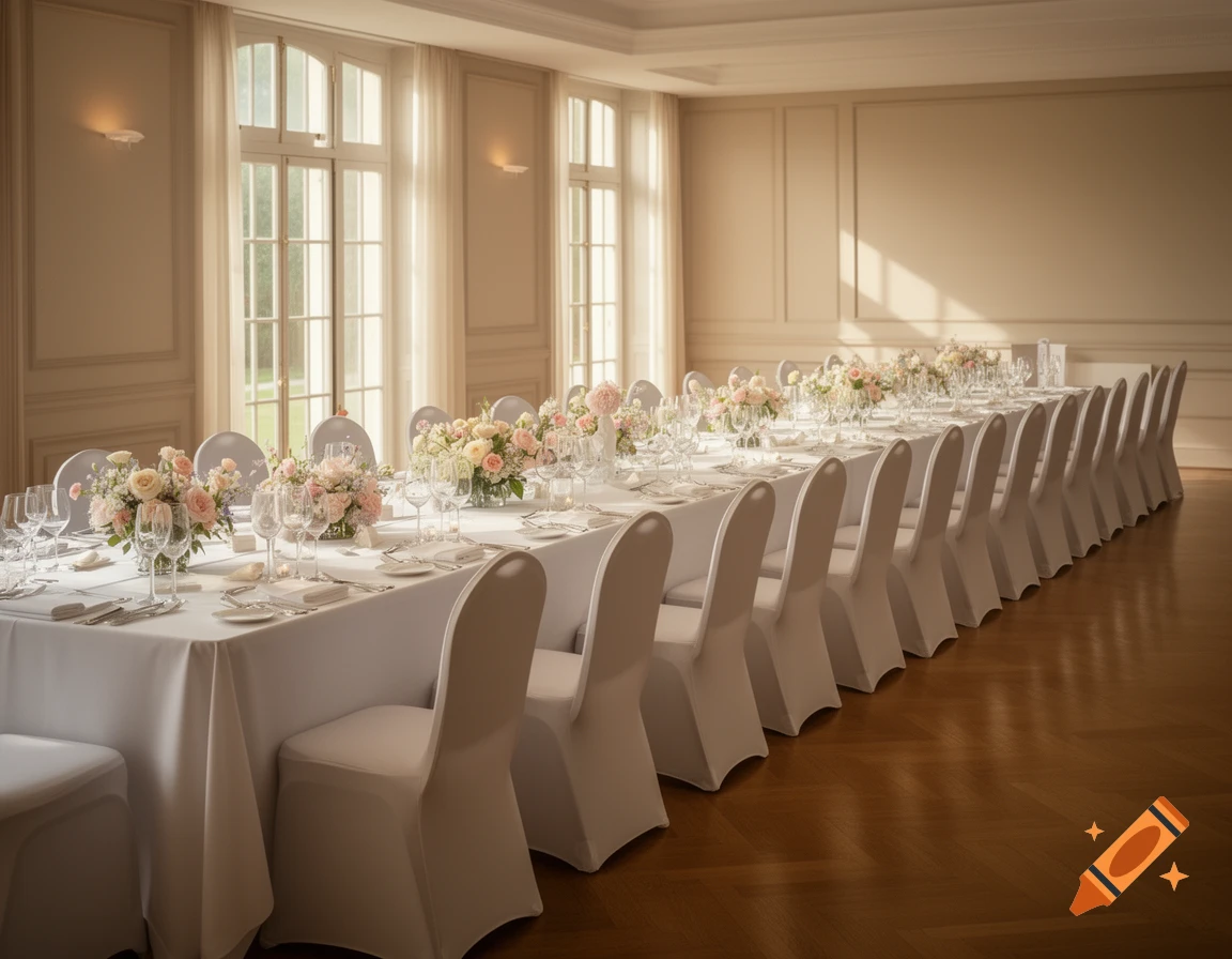 A long table set for a reception with white tablecloths, chairs, and pink floral centerpieces in a bright room with large windows.