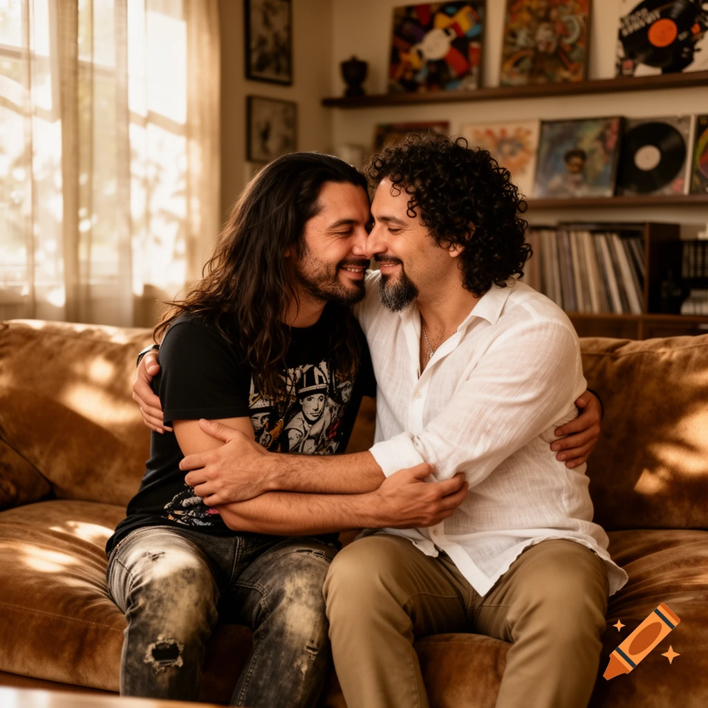 Two men with long, curly hair embrace on a brown couch in a sunlit living room with records on shelves.