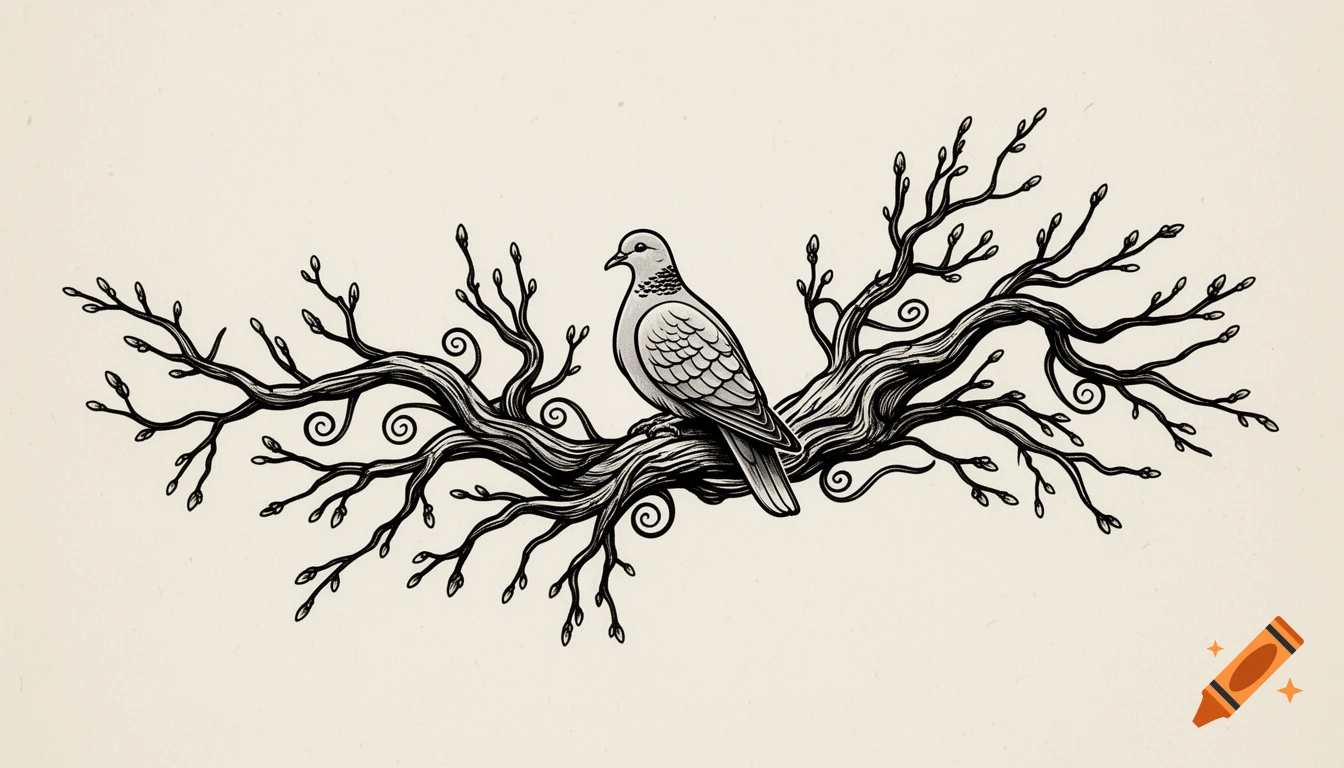 A black and white linocut style illustration of a Eurasian collared dove perched on a gnarled tree branch with buds.