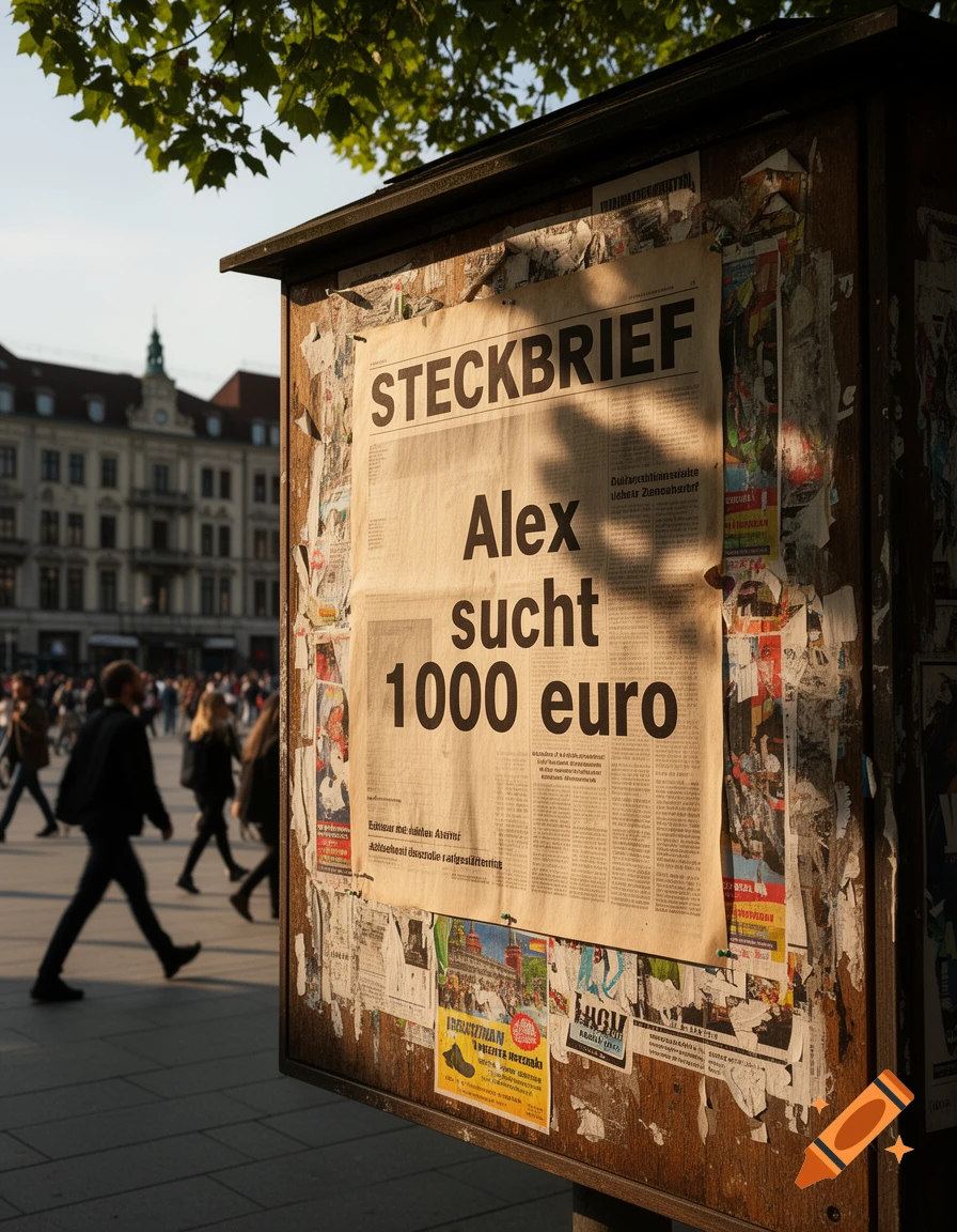 Photorealistic image of a public notice board displaying 'STECKBRIEF Alex sucht 1000 euro' in a sunny urban square with people.