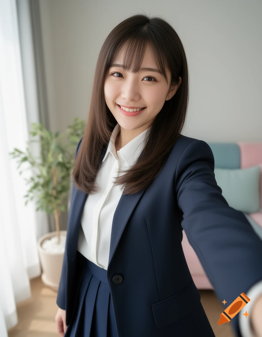 Photorealistic selfie of a smiling young Japanese woman in a dark suit jacket and pleated skirt indoors.